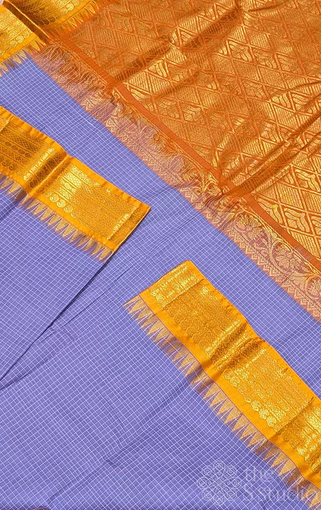 Lavender checked gadwal cotton saree with light orange border