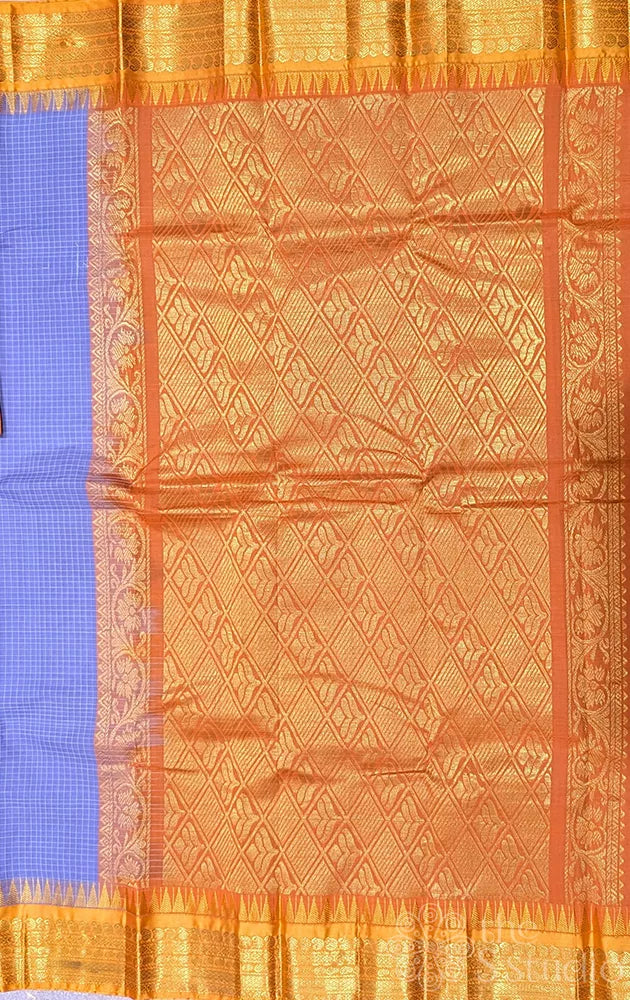 Lavender checked gadwal cotton saree with light orange border