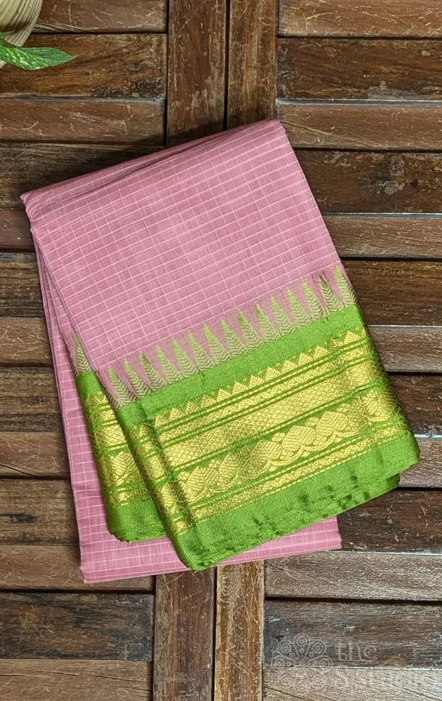 Lotus pink checked gadwal cotton saree with green border