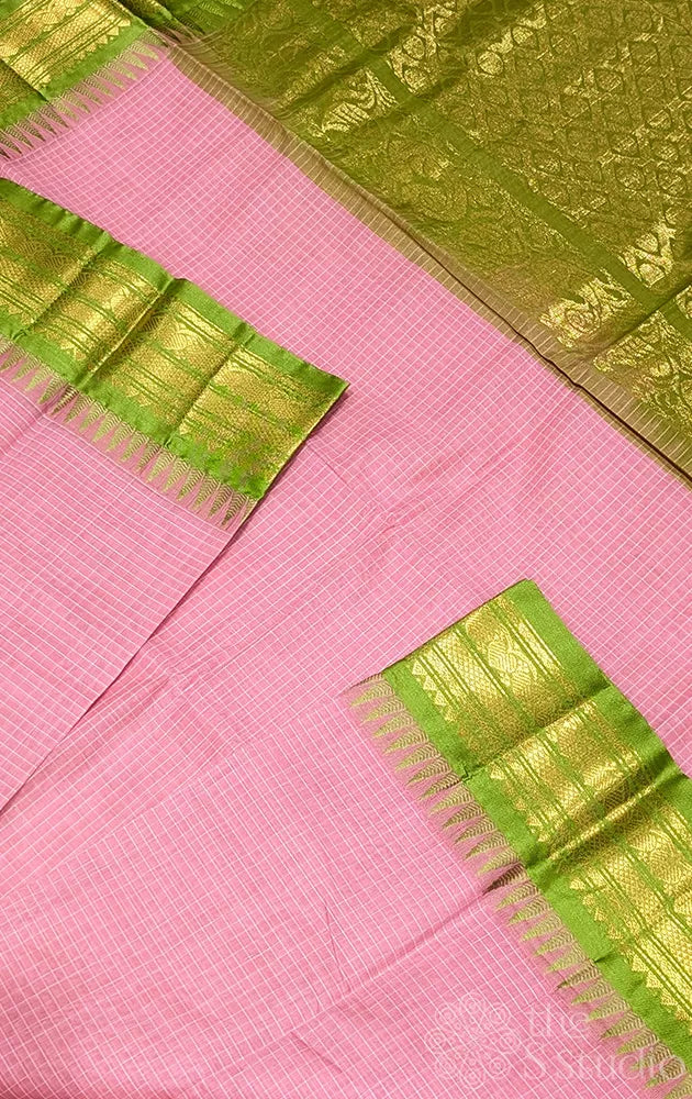 Lotus pink checked gadwal cotton saree with green border