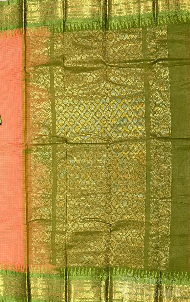 Orange checked gadwal cotton saree with green temple border