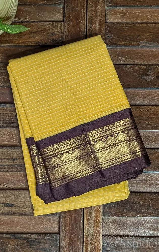 Yellow checked gadwal cotton saree with brown border