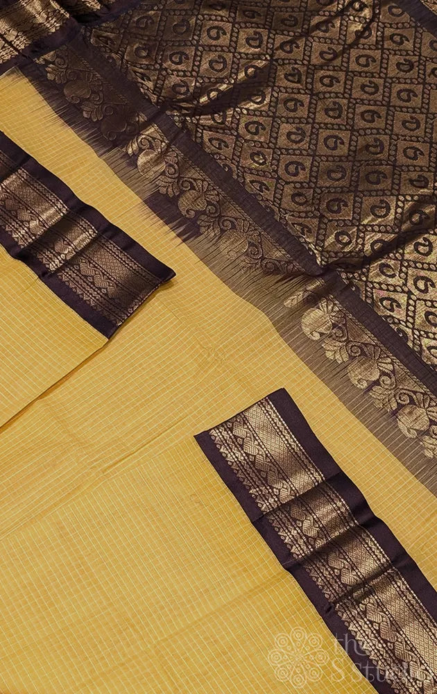 Yellow checked gadwal cotton saree with brown border