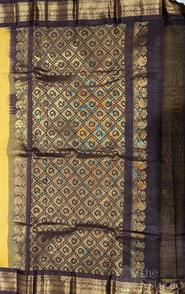 Yellow checked gadwal cotton saree with brown border