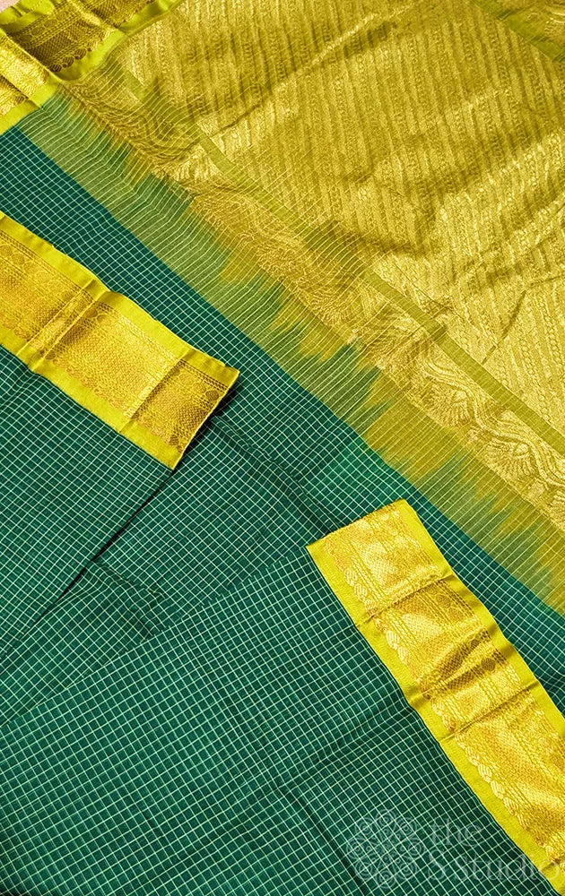 Dark green checked gadwal cotton saree with lemon green border