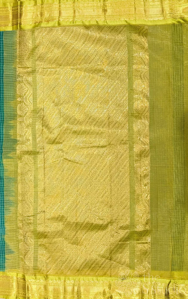 Dark green checked gadwal cotton saree with lemon green border