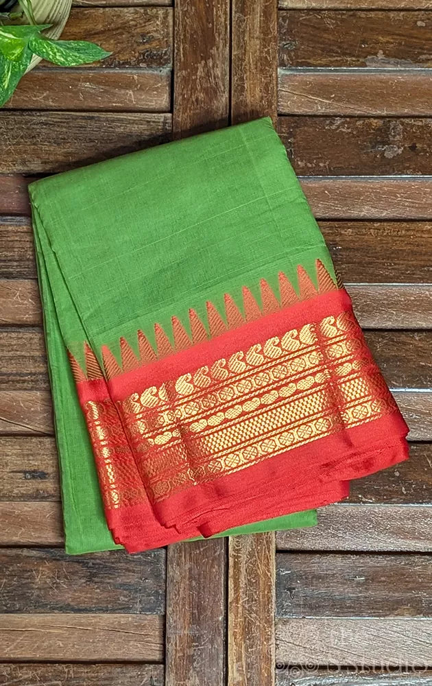 Green  gadwal cotton saree with red border