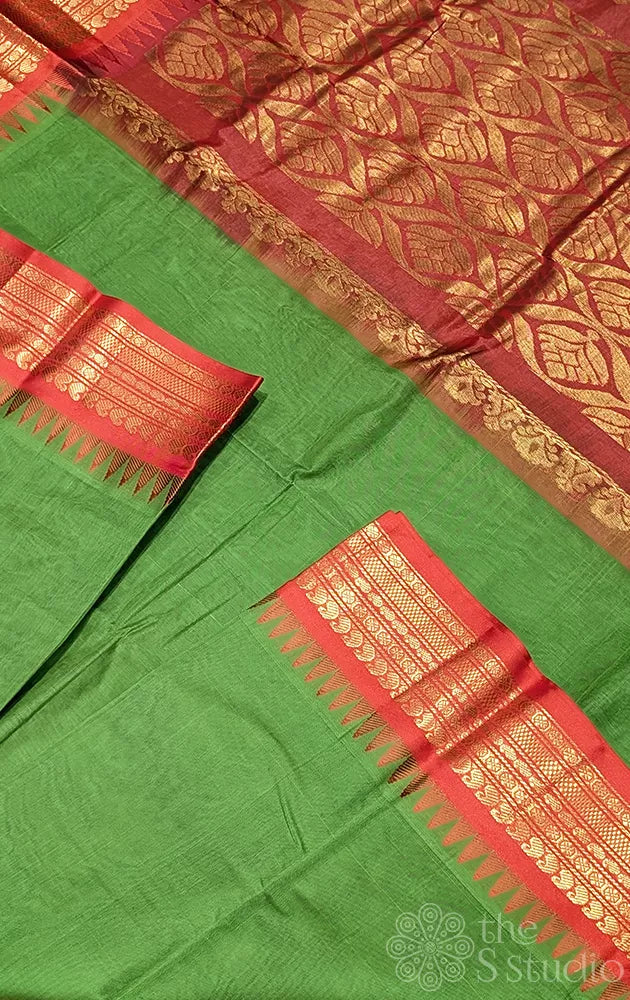 Green  gadwal cotton saree with red border
