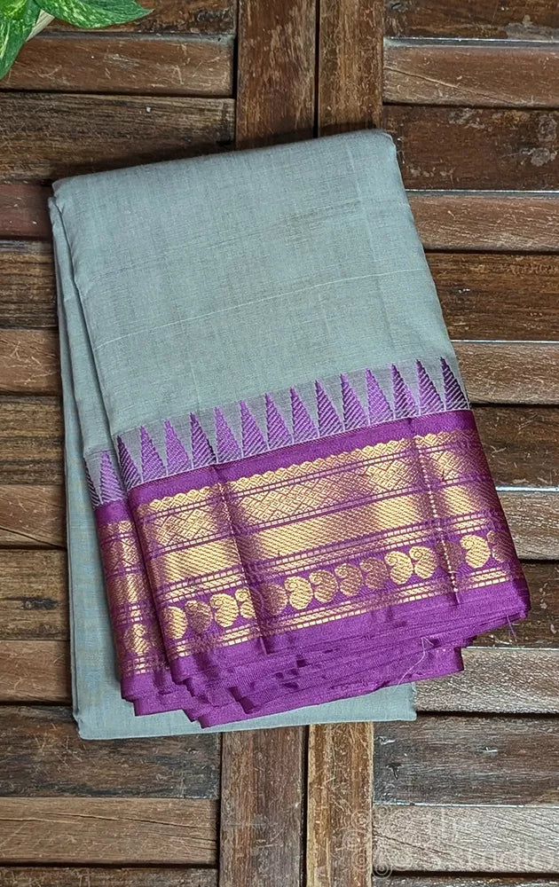 Grey gadwal cotton saree with purple temple border