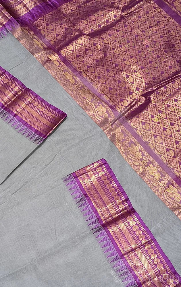 Grey gadwal cotton saree with purple temple border