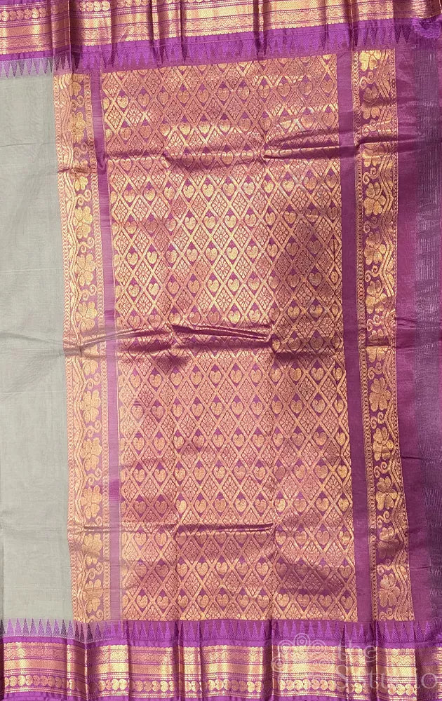Grey gadwal cotton saree with purple temple border