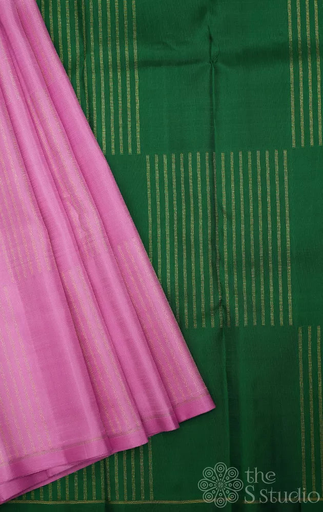 Light pink zari lines kanchipuram silk saree with green pallu