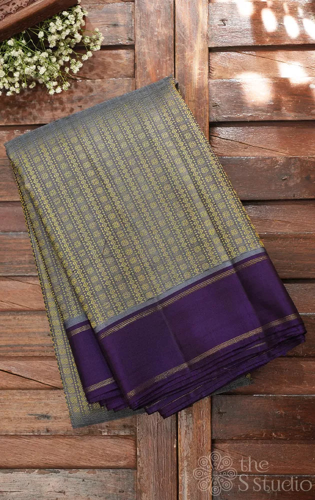 Light grey thread woven kanchi silk saree with violet border