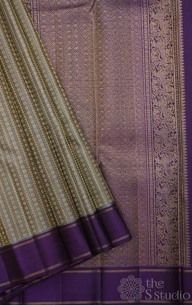Light grey thread woven kanchi silk saree with violet border
