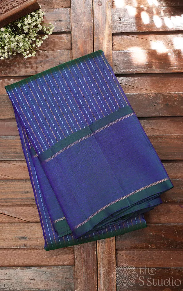 Peacock blue kanjivaram silk saree with vertical thread lines