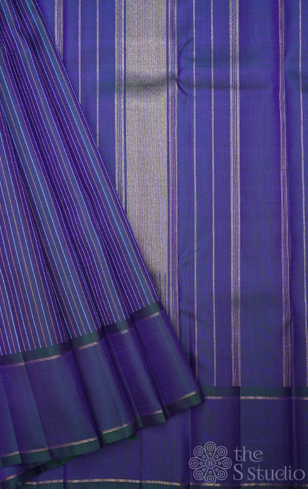 Peacock blue kanjivaram silk saree with vertical thread lines