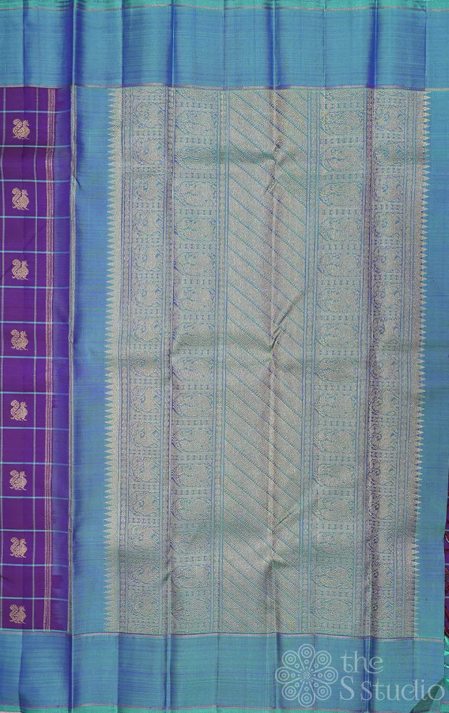 Violet zari checked kancheepuram silk saree with blue border
