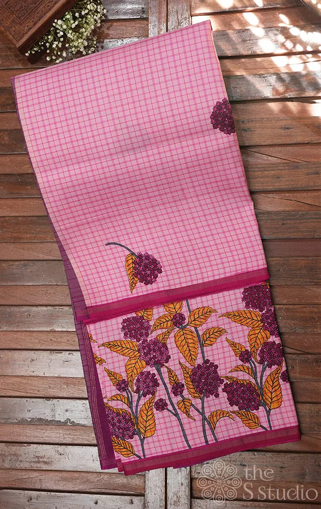 Pink printed kanjivaram silk saree with small checks and magenta pallu