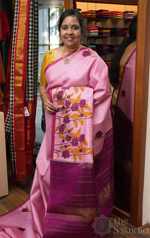 Pink printed kanjivaram silk saree with small checks and magenta pallu