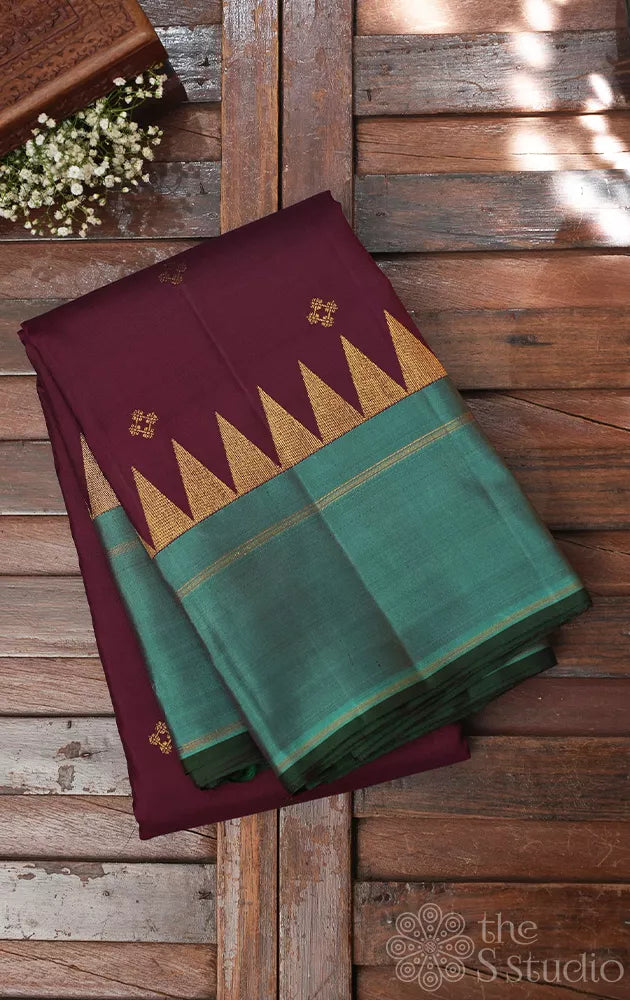 Brown kanjivaram silk saree with rama green border