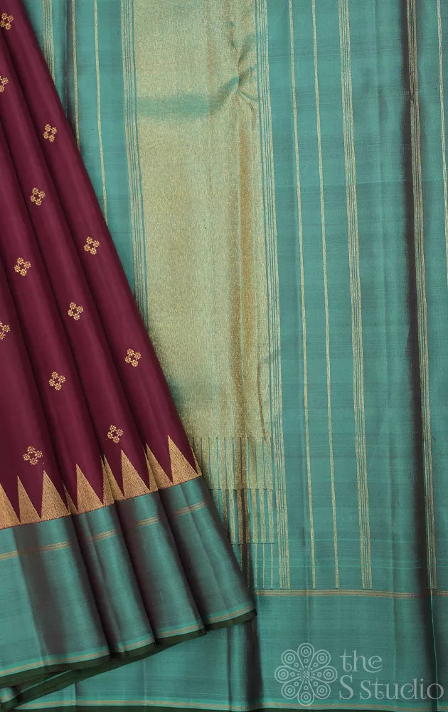 Brown kanjivaram silk saree with rama green border