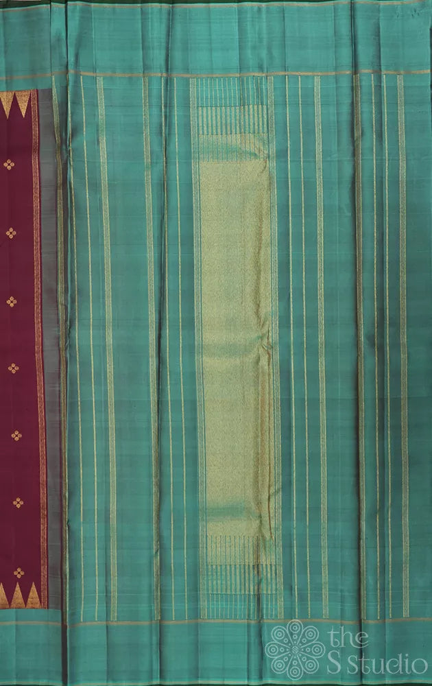 Brown kanjivaram silk saree with rama green border