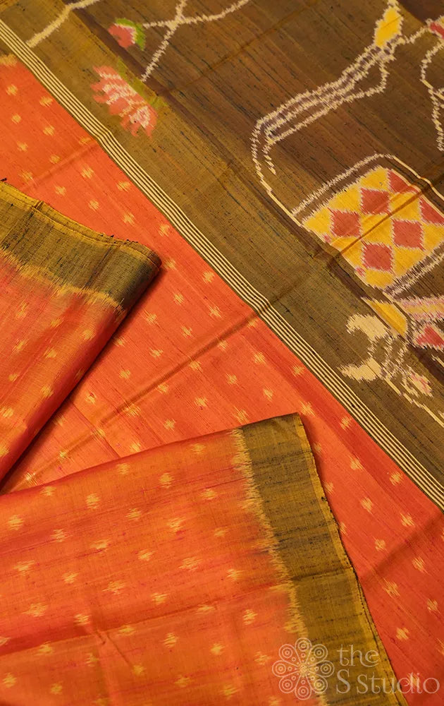 Orangish peach patola raw silk saree with pichwai design woven pallu