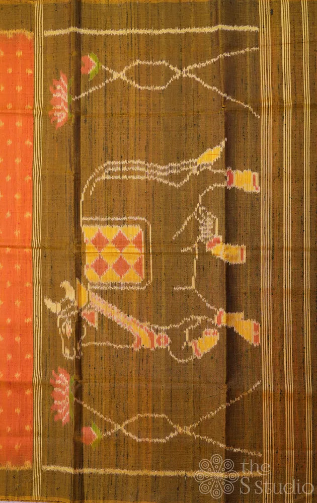 Orangish peach patola raw silk saree with pichwai design woven pallu
