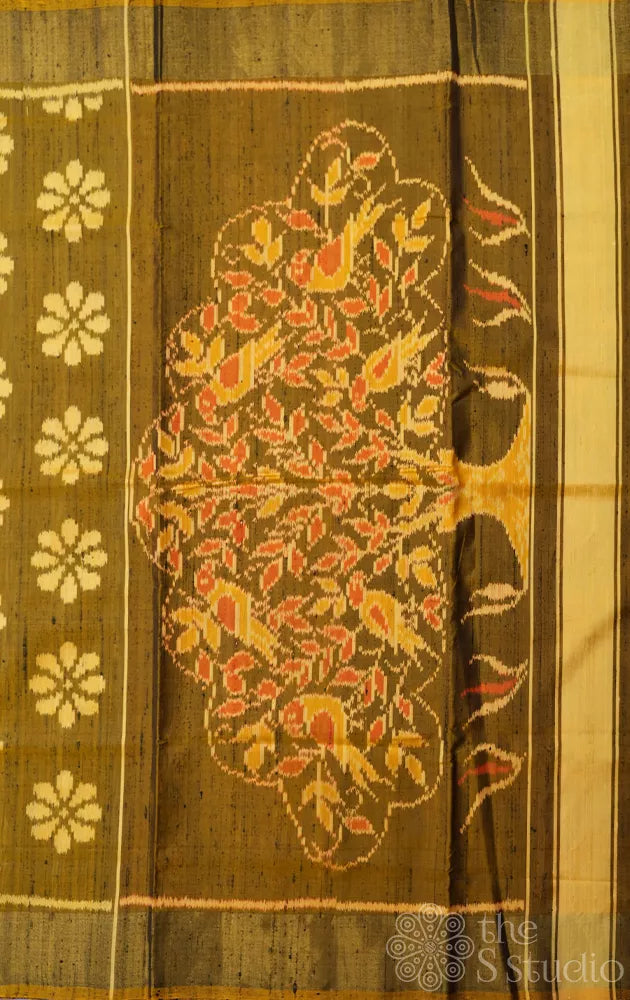 Mehandi green rajkot patola raw silk saree with zari border