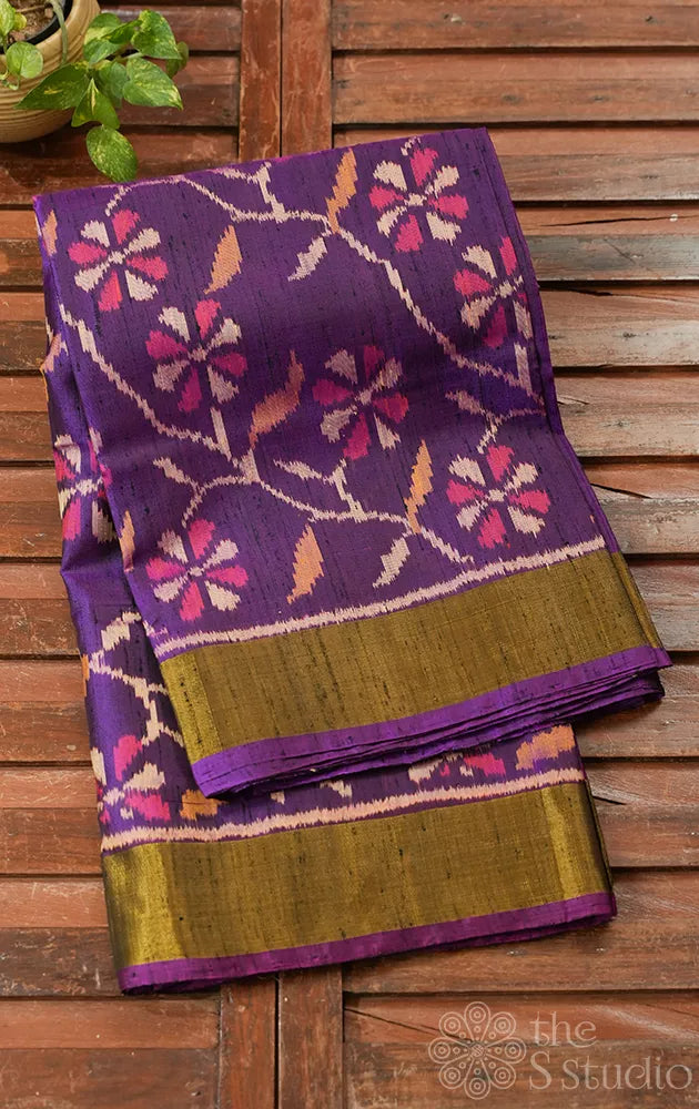 Purple patola raw silk saree with zari border