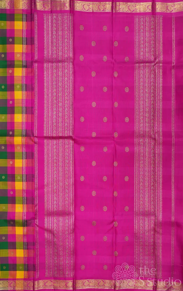 Paalum pazhamum checks kanjeevaram silk saree with ranipink pallu