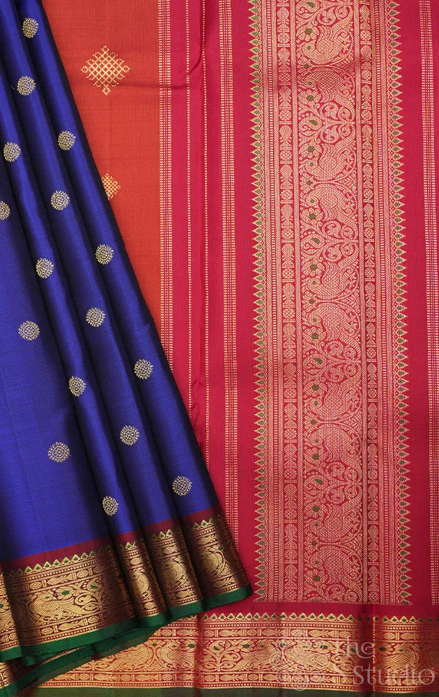 MS blue kanchipuram silk saree with maroon border
