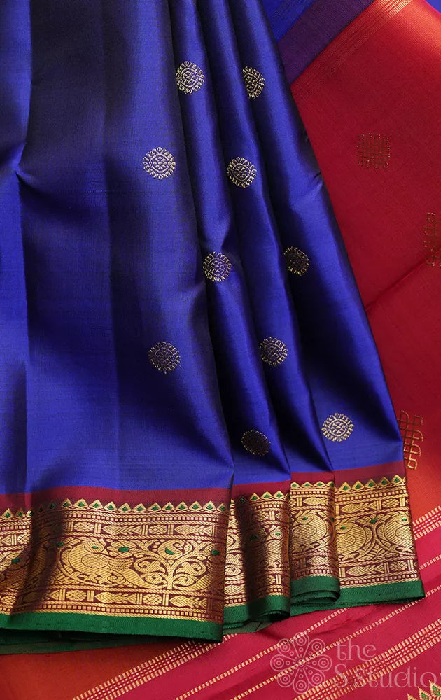 MS blue kanchipuram silk saree with maroon border