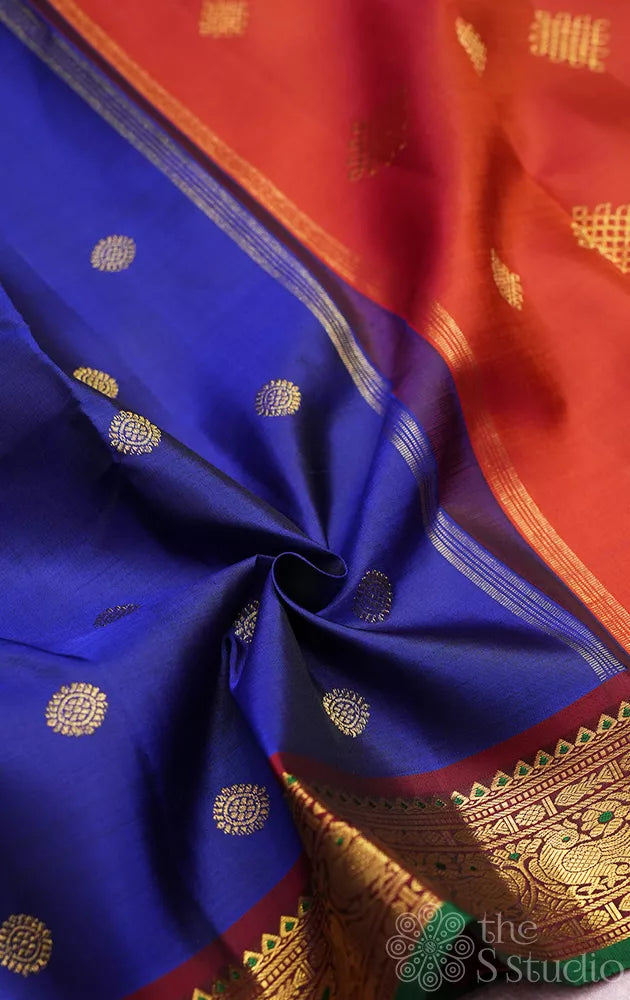 MS blue kanchipuram silk saree with maroon border
