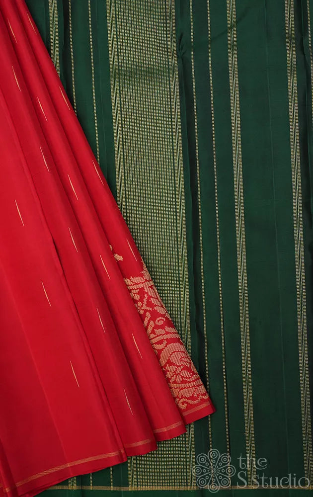 Red kanjivaram silk saree with corner adai woven buttas