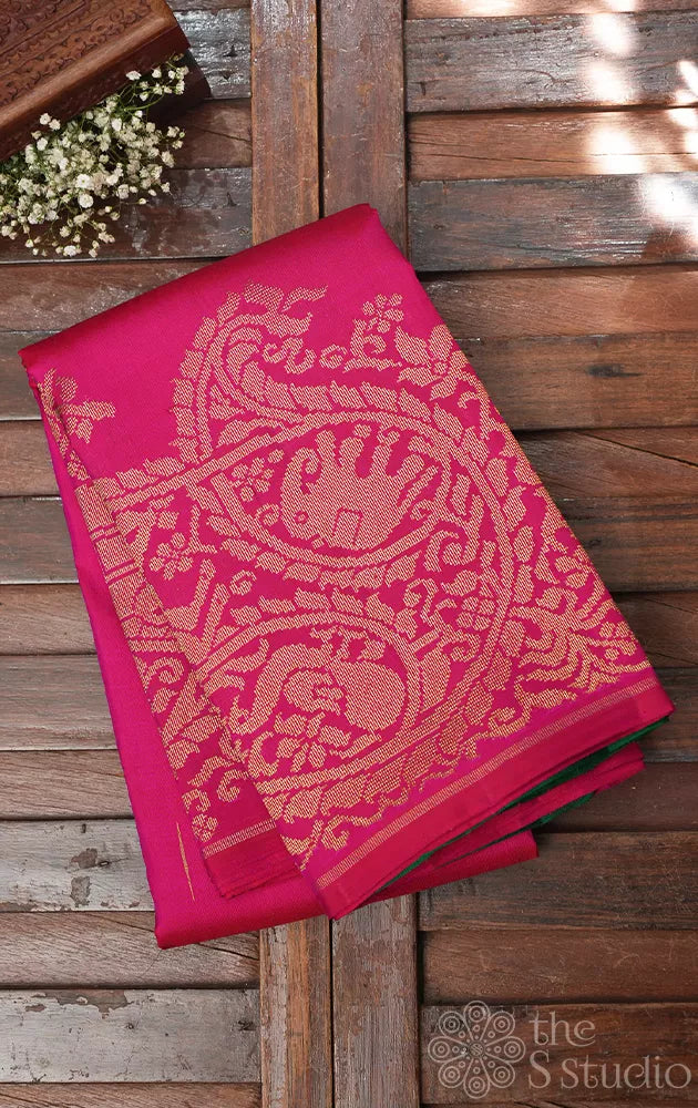Rani pink kanjivaram silk saree with corner adai woven buttas