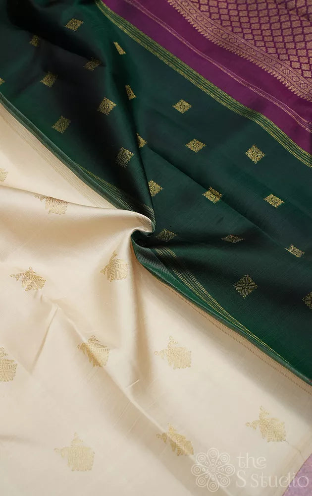 Off white kanjivaram silk saree with double pallu