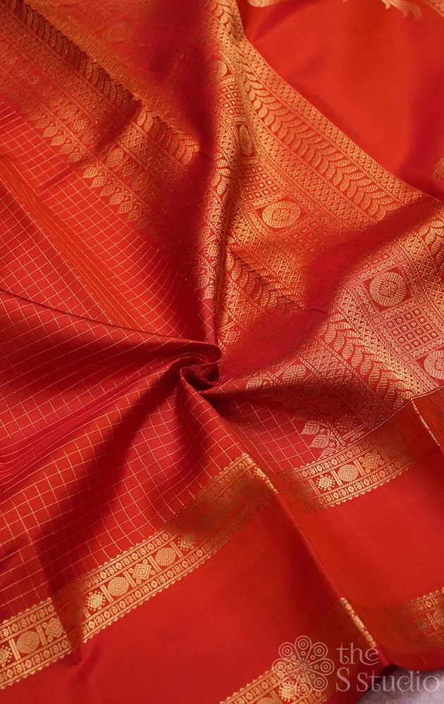 Rust checked kanjeevaram silk saree with rettaipet zari border