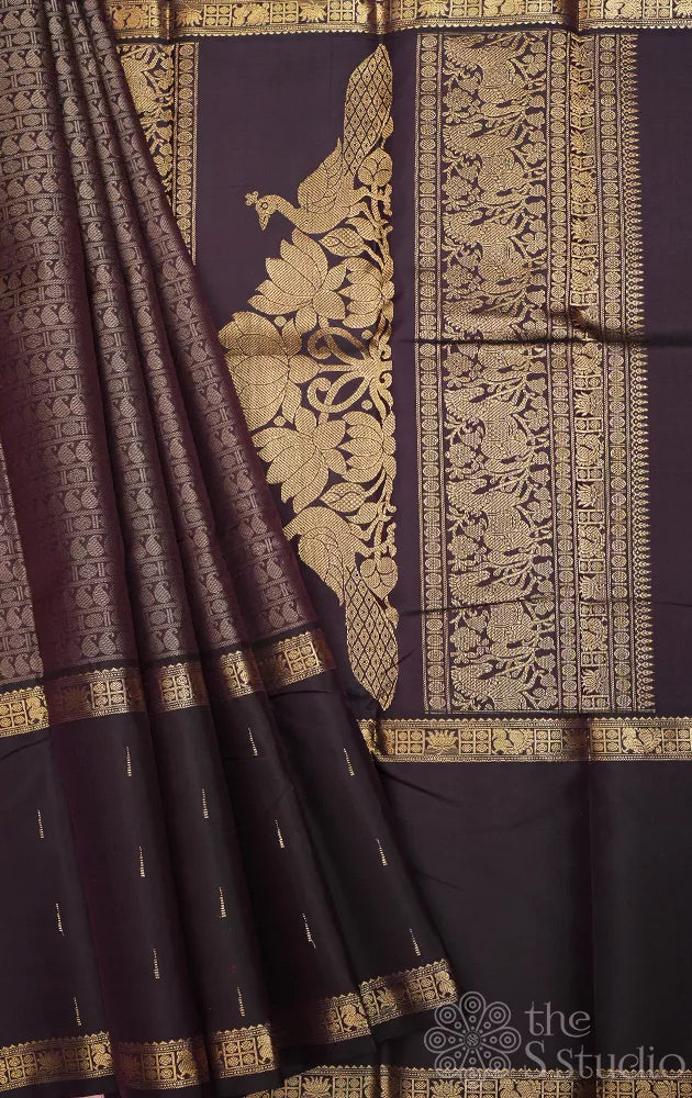 Deep jamun mubbagam kanchi silk saree with rettaipet long border