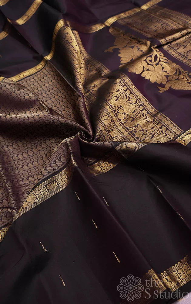 Deep jamun mubbagam kanchi silk saree with rettaipet long border