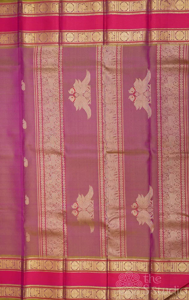 Pinkish green kanchi silk saree with rettaipet border and kili motifs pallu