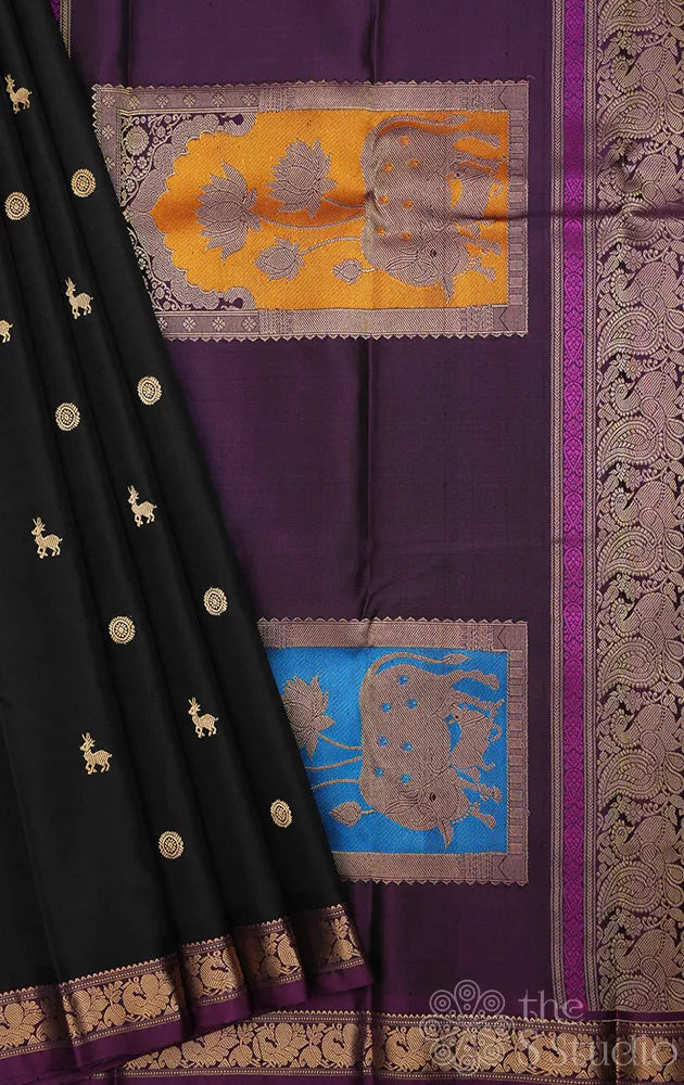 Black kanjeevaram silk saree with pichwai pallu