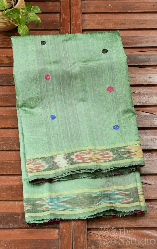 Pista green raw silk saree with ikkat style border