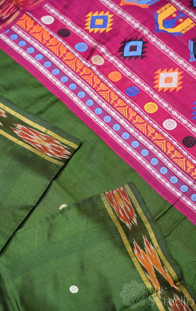 Olive green raw silk saree with dolabedi design pallu