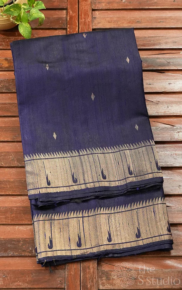 Navy blue raw silk saree with paithani style border