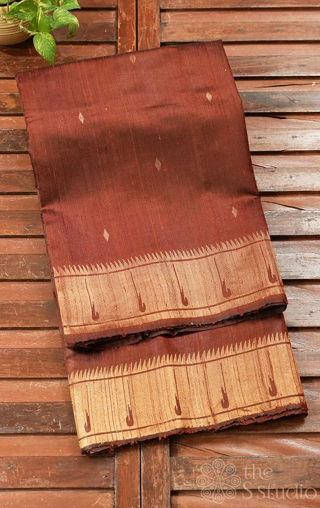Brown raw silk saree with paithani style border