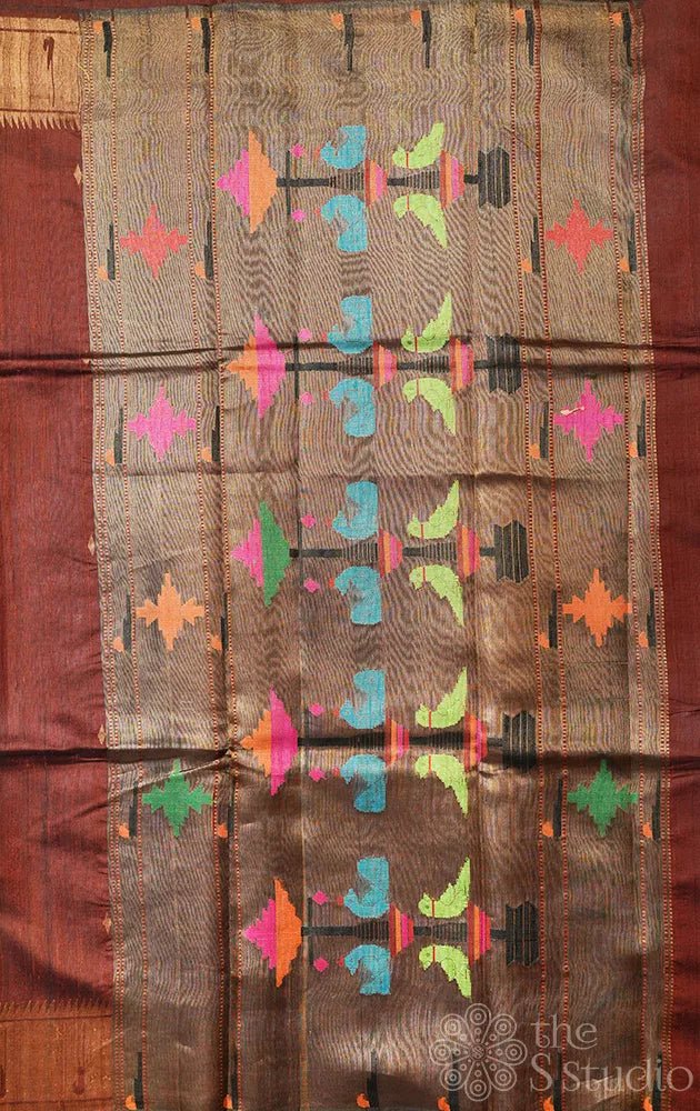 Brown raw silk saree with paithani style border