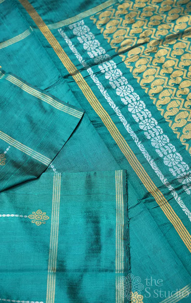 Rama blue raw silk saree with rettaipet border