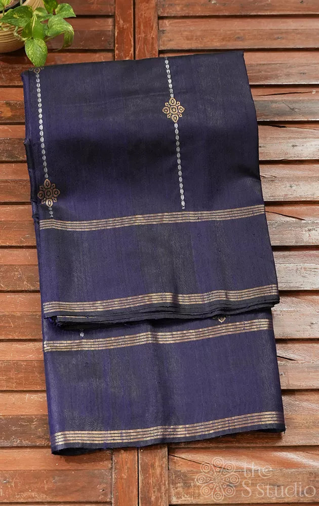Navy blue raw silk saree with zari rich pallu