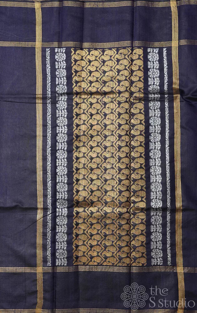 Navy blue raw silk saree with zari rich pallu